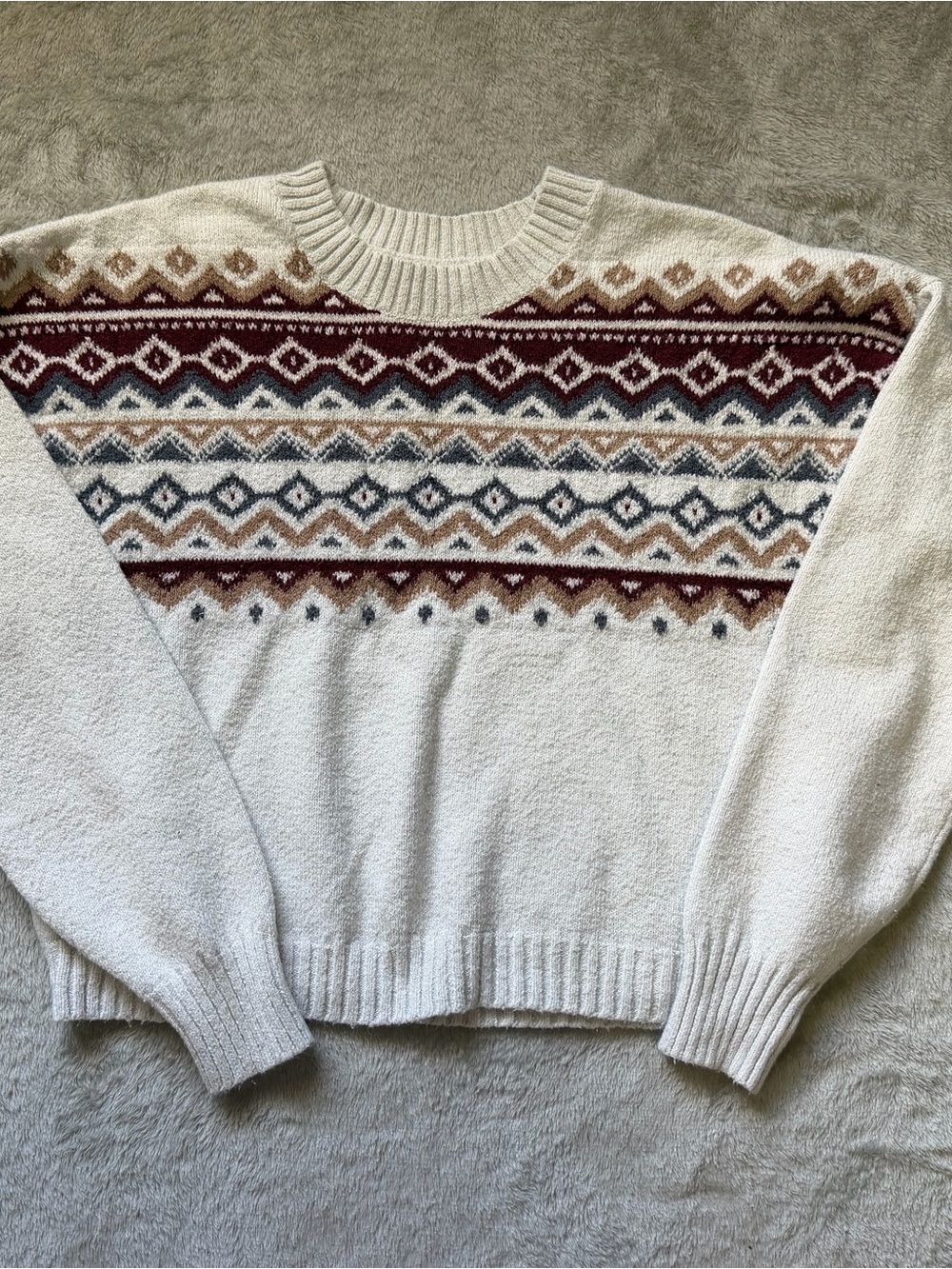 Hollister Cream Fair Isle Crewneck Sweater with Burgundy & Navy Accents